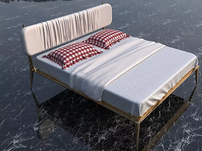 Double Bed With Upholstered White Pleated Headboard Golden Frame White Sheet And Checkered Pillows 3d model