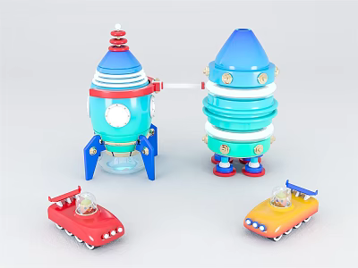 Colorful Toy Rockets And Cars In Blue Red And Yellow For Kids Play 3d model