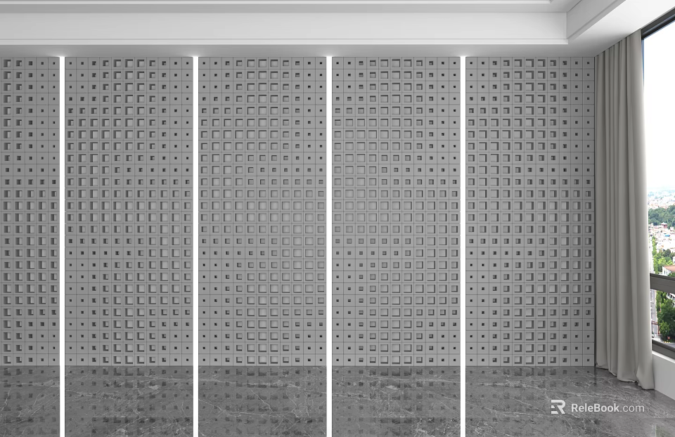 Modern Luxury Gray Grid Pattern Hollow Out Background Wall in Living Room 3d model 