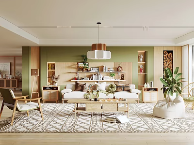 Modern Living Room Interior With Beige Sofa Wooden Coffee Table And Geometric Rug 3d model