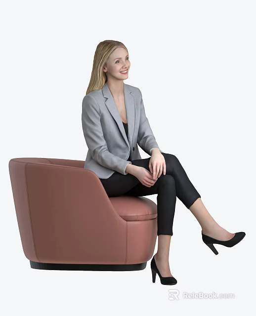 Professional Woman In Gray Blazer Sitting On Brown Chair With Black Pants And Heels 3d model 