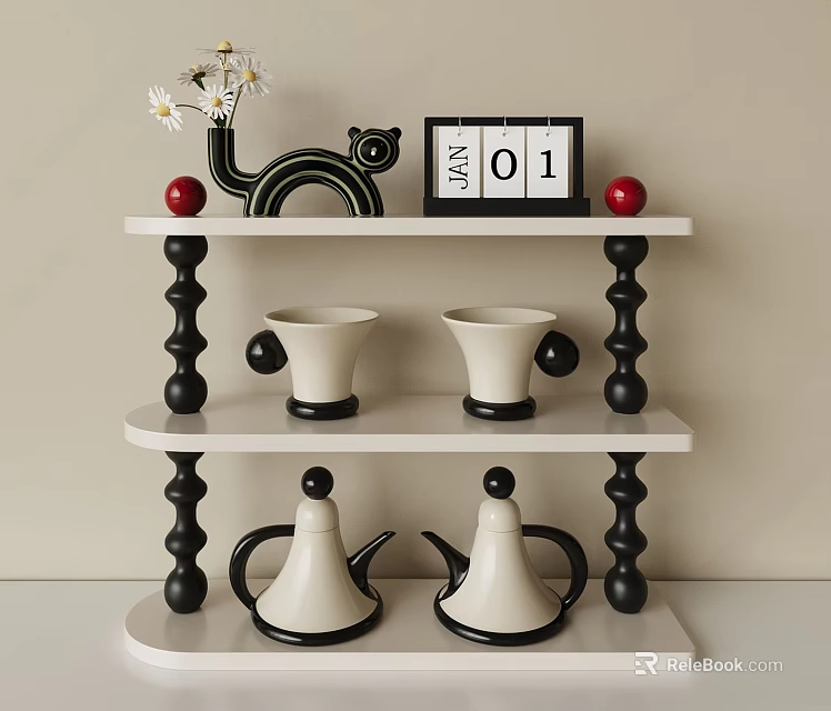 Decorative Shelf With Black White Design Cat Ornament Calendar Flowers Red Balls Cups And Teapots 3d model 