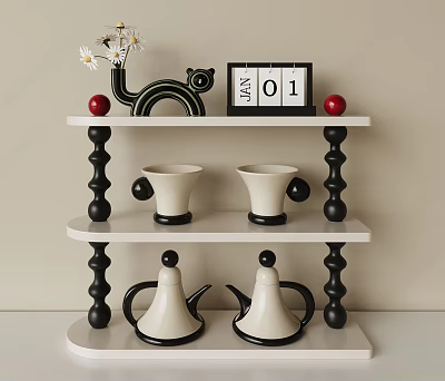 Decorative Shelf With Black White Design Cat Ornament Calendar Flowers Red Balls Cups And Teapots 3d model
