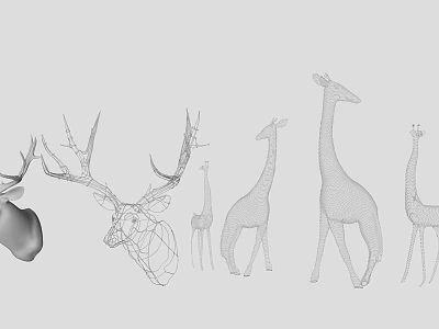 Wireframe Style Sculpture Carving Featuring Deer Head and Giraffe Figures on Gray Background 3d model