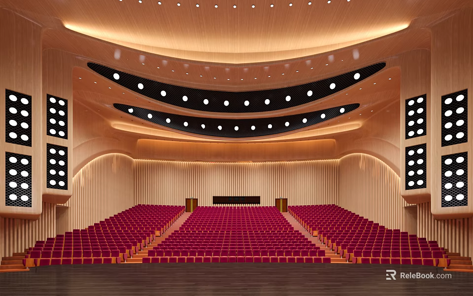 Cultural Center Interior With Red Seats Stage Wooden Walls And Curved Lighting Design 3d model 