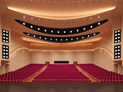 Cultural Center Interior With Red Seats Stage Wooden Walls And Curved Lighting Design 3d model