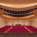 Cultural Center Interior With Red Seats Stage Wooden Walls And Curved Lighting Design