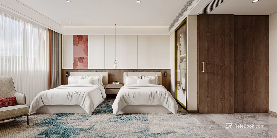 Hotel Guest Room With Twin Beds White Linens Blue And White Patterned Carpet Wooden Wardrobe 3d model 
