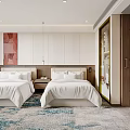 Hotel Guest Room With Twin Beds White Linens Blue And White Patterned Carpet Wooden Wardrobe
