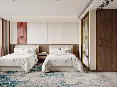 Hotel Guest Room With Twin Beds White Linens Blue And White Patterned Carpet Wooden Wardrobe 3d model