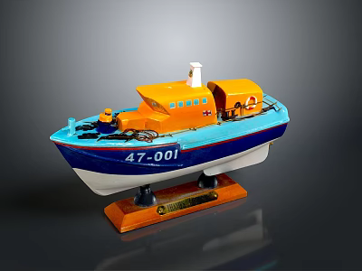 Decorative Model Boat With Orange Blue White Hull Wooden Base And 47001 Number 3d model