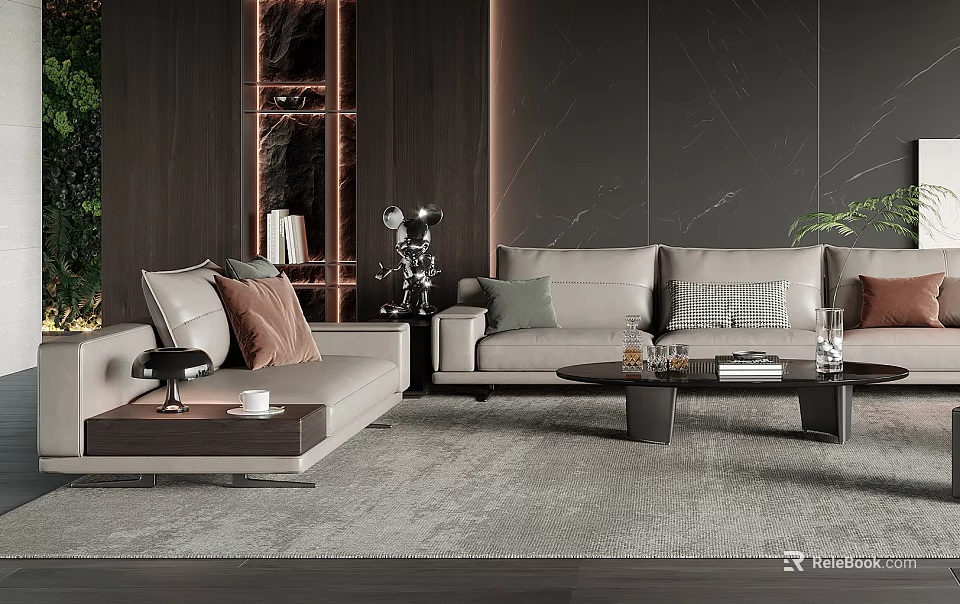 Elegant Modern Living Room Interior With Beige Sofa Pillows Coffee Table Grey Rug And Bookshelf 3d model 