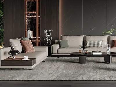 Elegant Modern Living Room Interior With Beige Sofa Pillows Coffee Table Grey Rug And Bookshelf 3d model
