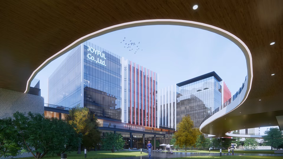 Modern Commercial Buildings With Glass Facades Red White Design Curved Structure And Green Landscape 3d model 
