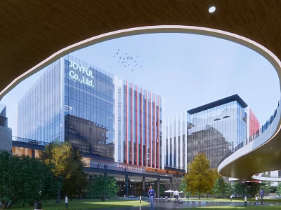 Modern Commercial Buildings With Glass Facades Red White Design Curved Structure And Green Landscape 3d model