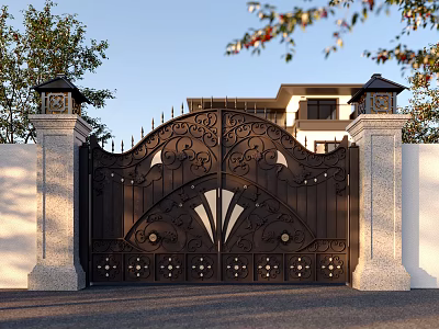 Ornate Iron Gate With Intricate Carvings Stone Pillars And Lamp Posts Front Residential House Trees 3d model