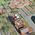 Rural Landscape Design With Farm Fields Pond Palm Trees And Traditional Cottages