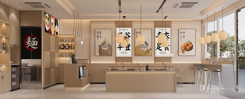 Modern Restaurant Interior With Hanging Lanterns Decorative Paintings And Counter Seating 3d model 