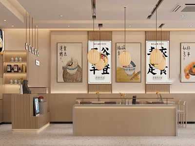 Modern Restaurant Interior With Hanging Lanterns Decorative Paintings And Counter Seating 3d model