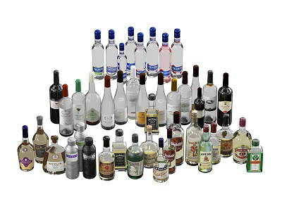 Various Wine Bottles and Glasses Collection with Different Sizes and Labels 3d model