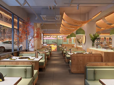 Modern Restaurant Interior With Green Booths Wooden Tables Hanging Lights And City View Windows 3d model