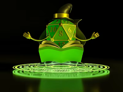 Cartoon Scene Green Polyhedral Dice With Wizard Hat Golden Arms Open Book Glowing Magic Circle 3d model
