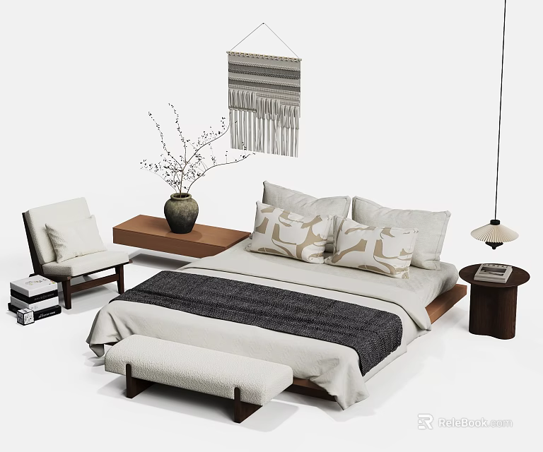 Double Bed with Patterned Pillows Soft Blanket Side Table Vase Chair Macrame Wall Hanging 3d model