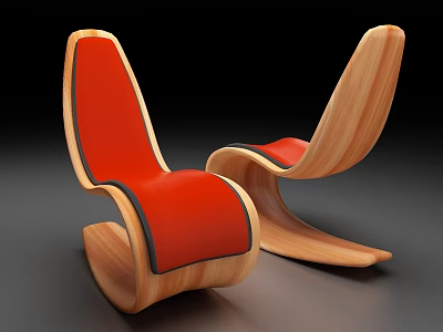 Modern Curved Wooden Leisure Chairs With Red Cushioned Seats And Sleek Design 3d model