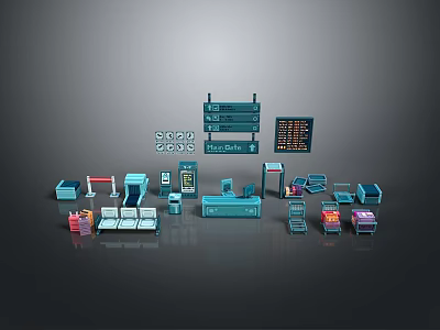 Different Types Of Public Facility Models In Blue Gray Tones For Scene Layout Design 3d model