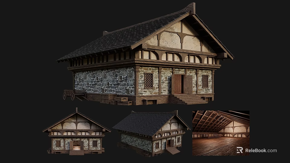 Traditional Ancient Building Featuring Sloped Roof Stone Walls Wooden Frames and Classic Design 3d model 