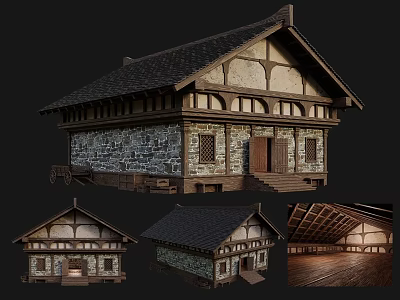 Traditional Ancient Building Featuring Sloped Roof Stone Walls Wooden Frames and Classic Design 3d model