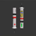 Medical Syringes With Red Cross Labels And Metal Needles On Black Surface
