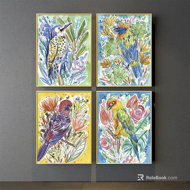 Vibrant Plant Paintings With Colorful Birds Flowers And Green Leaves For Wall Art 3d model 