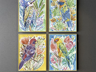 Vibrant Plant Paintings With Colorful Birds Flowers And Green Leaves For Wall Art 3d model