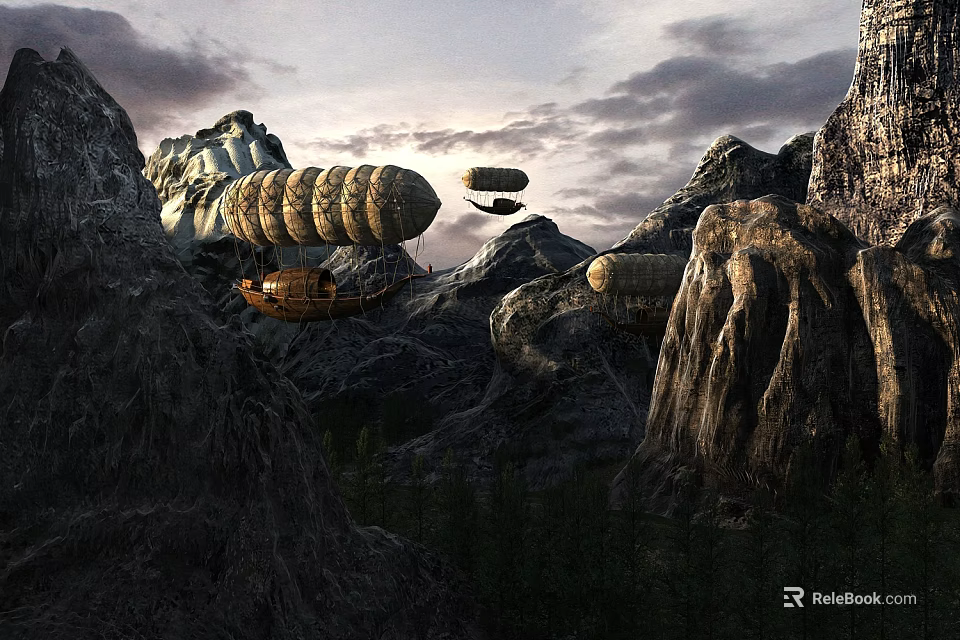 Cartoon Fantasy Scene with Floating Airships and Rocky Mountains Under Cloudy Sky 3d model 