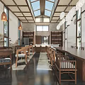Traditional Style Clubhouse Interior Featuring Wooden Tables Chairs Skylights And Open Layout