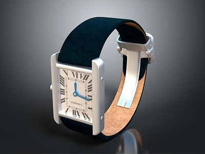 Stylish Blue Leather Strap Watch With Silver Case And Square Roman Numeral Dial 3d model