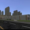 Modern Commercial Street With Glass Facade Buildings Pedestrians Vehicles And Tall Skyscrapers Under Evening Sky