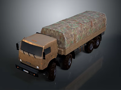 Brown Military Cargo Truck With Camouflage Tarp Covered Bed And Multiple Wheels 3d model