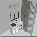 White Bathroom Cabinet with Sink and Washing Machine Near Window with Roller Blind and Curtain