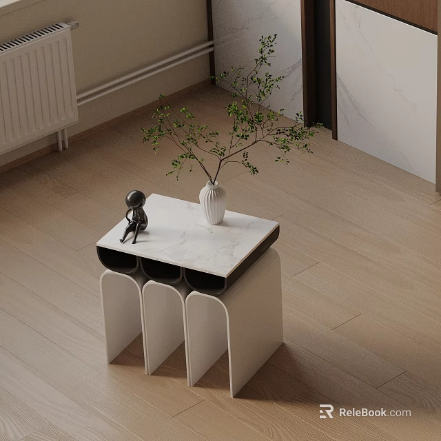 Modern Side Table With Marble Top White And Black Design Green Plant On Wooden Floor 3d model 