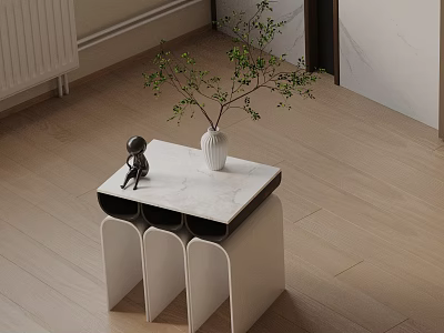 Modern Side Table With Marble Top White And Black Design Green Plant On Wooden Floor 3d model