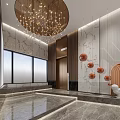 Modern Elevator Lobby With Marble Walls Chandelier And Art Decor