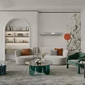 Modern Living Room Arched White Bookshelf With Stacked Books Vintage Camera Radio And Decorative Objects