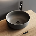 Modern Bathroom Vanity With Circular Backlit Mirror Gray Vessel Sink Wooden Cabinet And Black Faucet