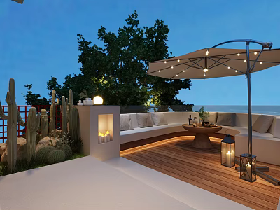 Cozy Roof Garden Featuring Wooden Deck Parasol Sofa Seating Cacti And Night Sea View 3d model