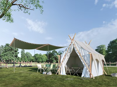 Delightful Garden Decor Setup With White Tent Sunshade Canopy Green Lawn And Tables Chairs 3d model