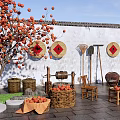 Courtyard Garden With Red Fruit Tree White Wall Round Red Decorations And Wooden Furniture