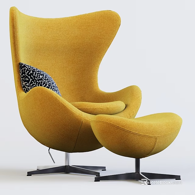 Yellow Modern Single Sofa With Ottoman And Patterned Cushion In Minimalist Interior Design 3d model