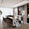 Modern Restaurant Interior With Marble Island Dark Cabinets Hanging Pendant Lights And Dining Chairs